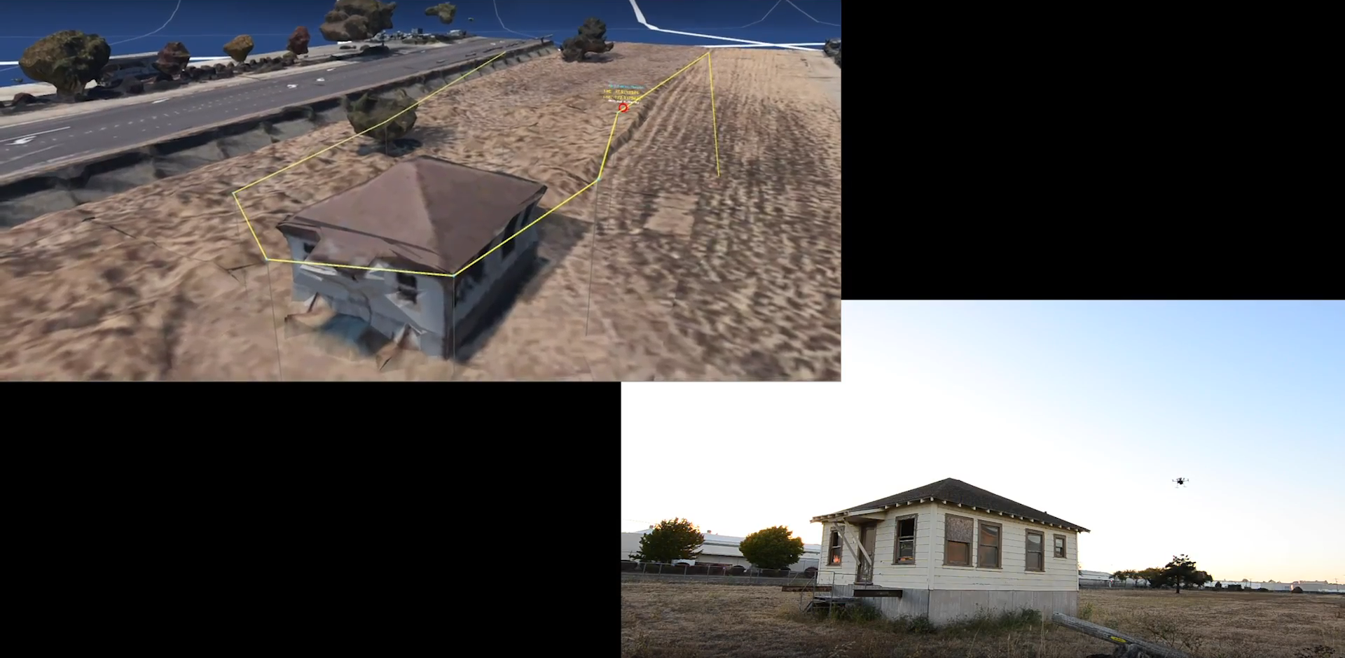 Side by side pictures. One showing drone flying near building and the other showing a virtual world denoting the real world with a virtual drone flying next to a virtual building